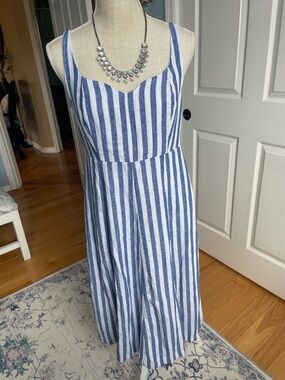 Old Navy Blue/White Stripe Linen Midi Dress-Petite Medium-Sundress